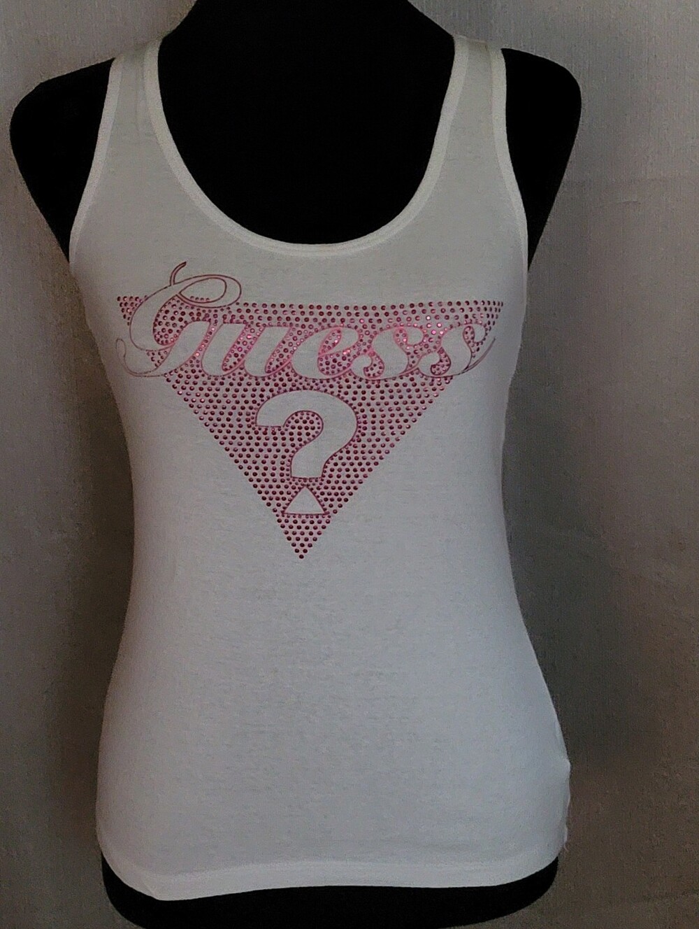 GUESS White Tank Top with Pink Rhinestone Triangle Logo